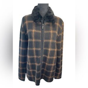 Kasper ASL vintage petite ladies size 12 wool blend‎ zip up sweater faux fur